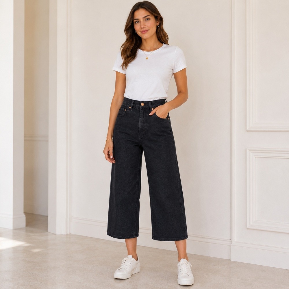 Judy Blue Garmet Dyed Wide Leg Jeans Womens 5/27 Black High Rise Cropped Tummy